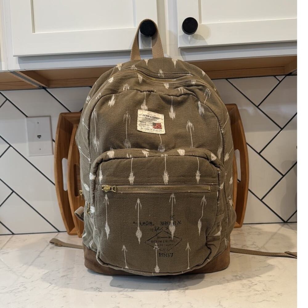 Rare Ralph Lauren Denim & Supply green brown arrow pattern distressed backpack